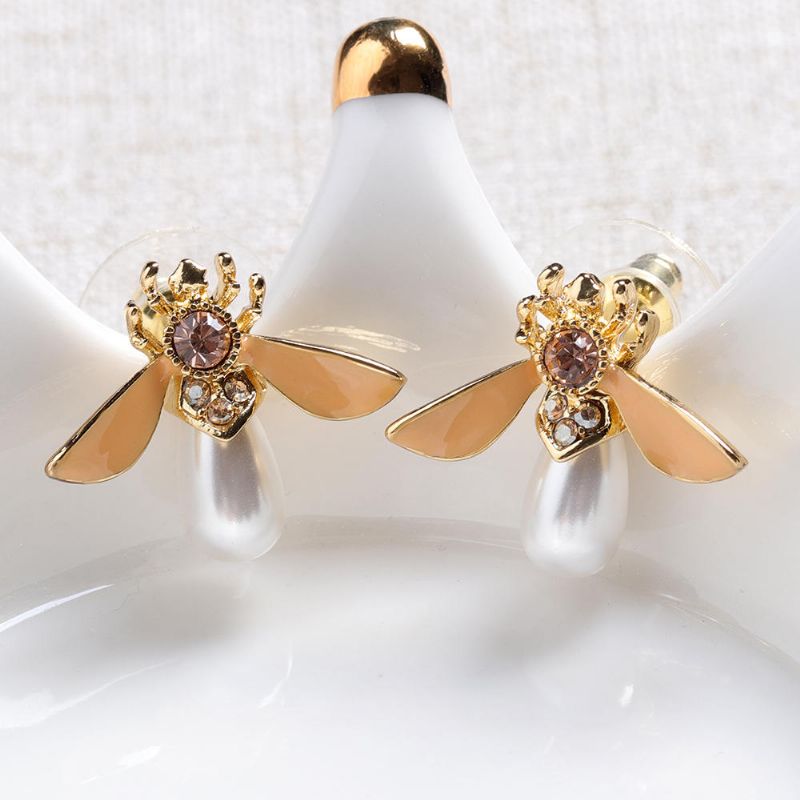 Cute Bees Ear Stud Joyas De Perlas De Piedras Preciosas Chapadas En Oro De Lujo Para Mujeres