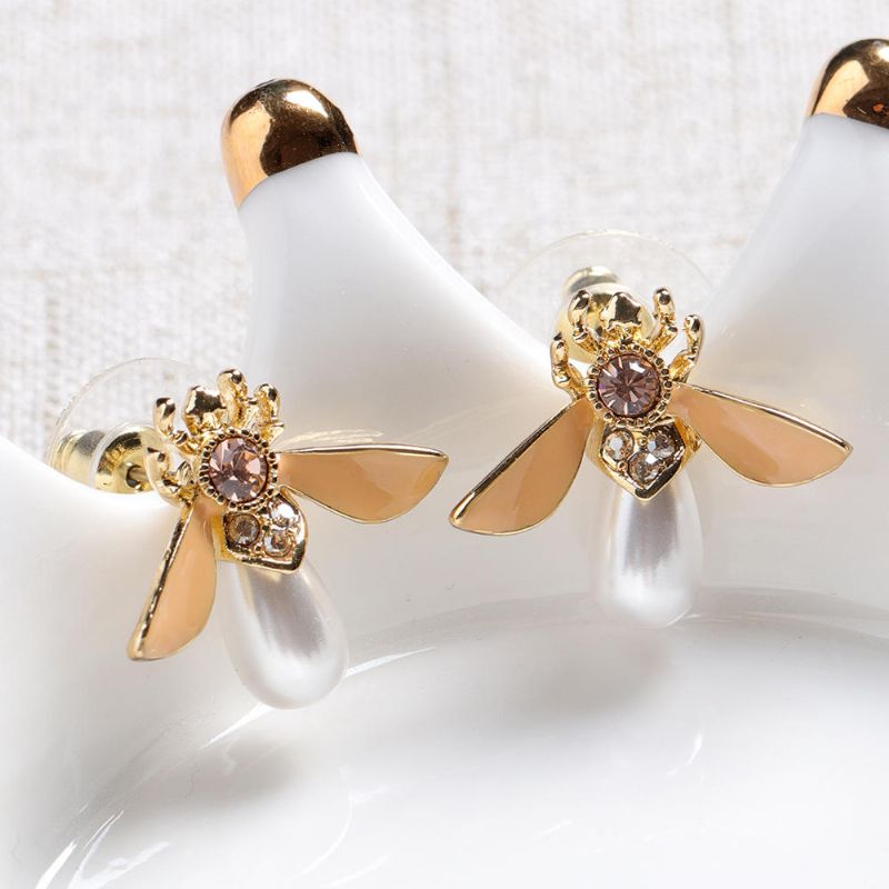 Cute Bees Ear Stud Joyas De Perlas De Piedras Preciosas Chapadas En Oro De Lujo Para Mujeres