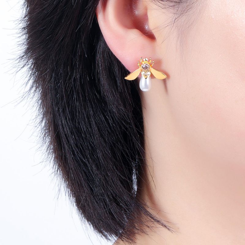 Cute Bees Ear Stud Joyas De Perlas De Piedras Preciosas Chapadas En Oro De Lujo Para Mujeres