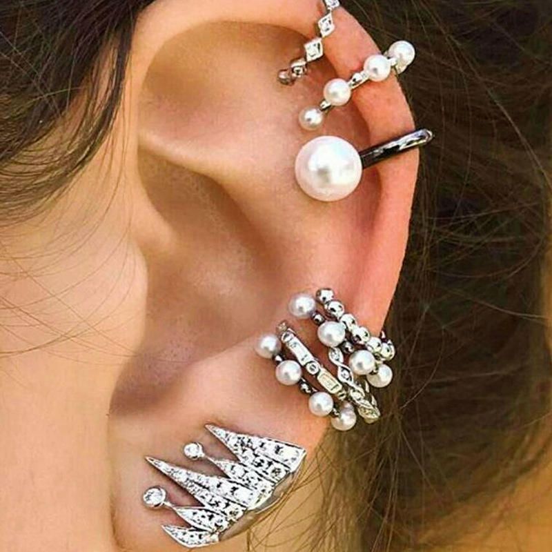 Juego De Aretes De Cartílago De 9 Piezas Para Mujeres Sin Piercing Perla Brazalete De Diamantes