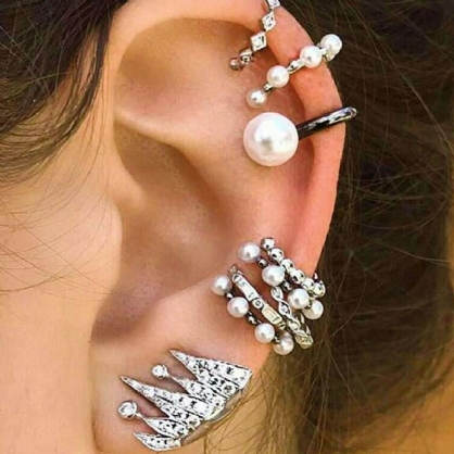 Juego De Aretes De Cartílago De 9 Piezas Para Mujeres Sin Piercing Perla Brazalete De Diamantes