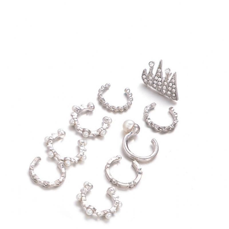 Juego De Aretes De Cartílago De 9 Piezas Para Mujeres Sin Piercing Perla Brazalete De Diamantes