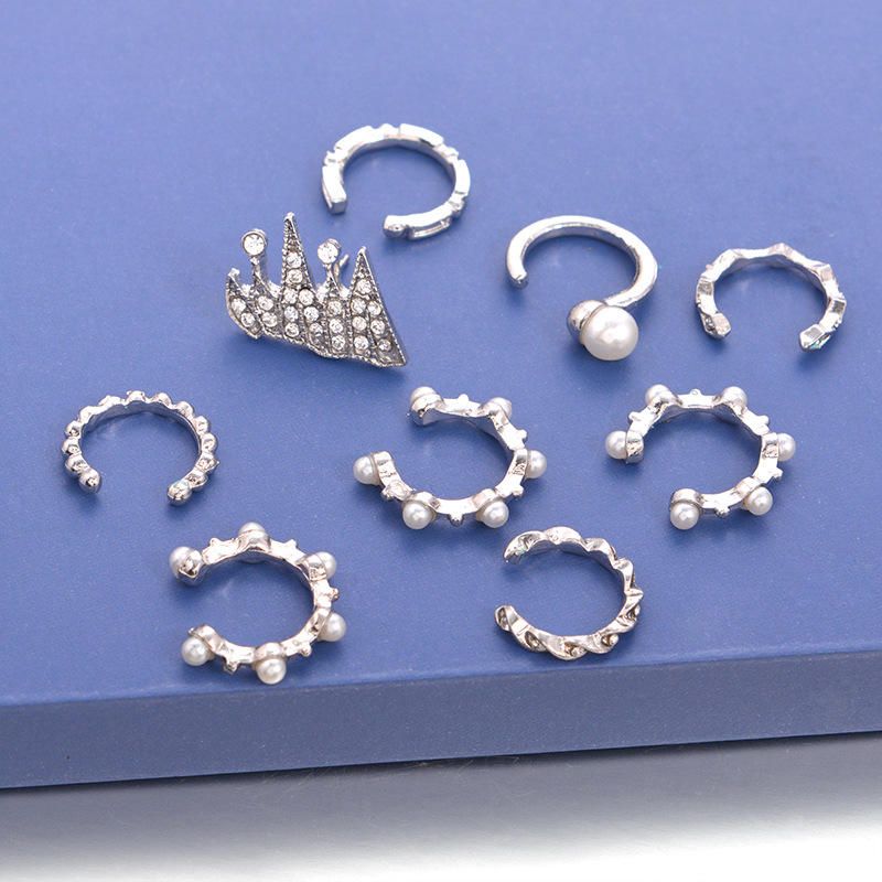 Juego De Aretes De Cartílago De 9 Piezas Para Mujeres Sin Piercing Perla Brazalete De Diamantes