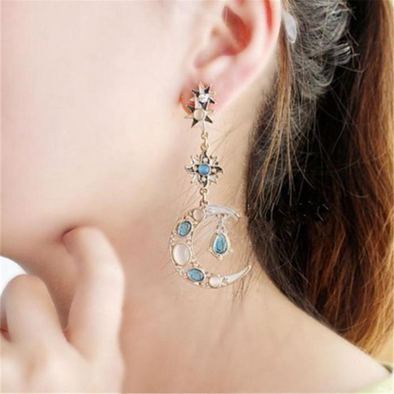 Pendiente De Gota De Oreja Estelar De Cristal Con Diamantes De Imitación De Estrella De Sol Y Luna De Moda Bohemia Para Joyería De Mujer