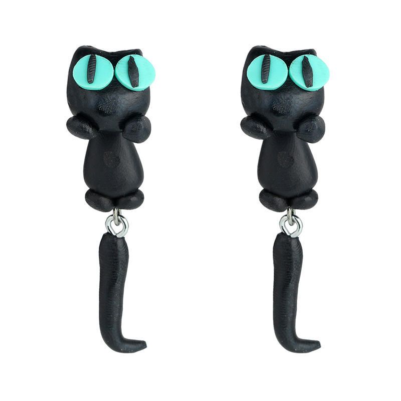 Pendientes Casuales De Gota De Arcilla Suave De Gatito Pequeño Con Perno De Gato Negro Animal Lindo