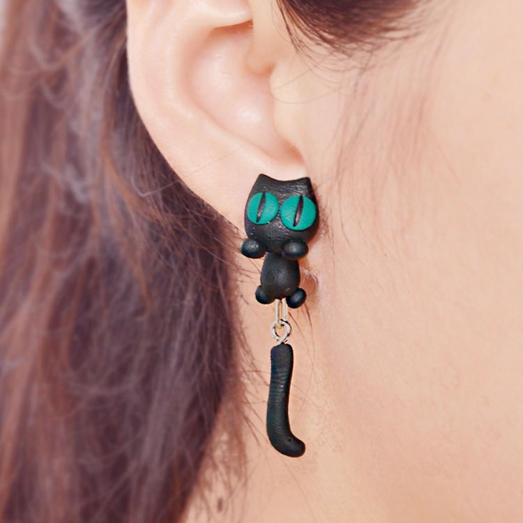 Pendientes Casuales De Gota De Arcilla Suave De Gatito Pequeño Con Perno De Gato Negro Animal Lindo