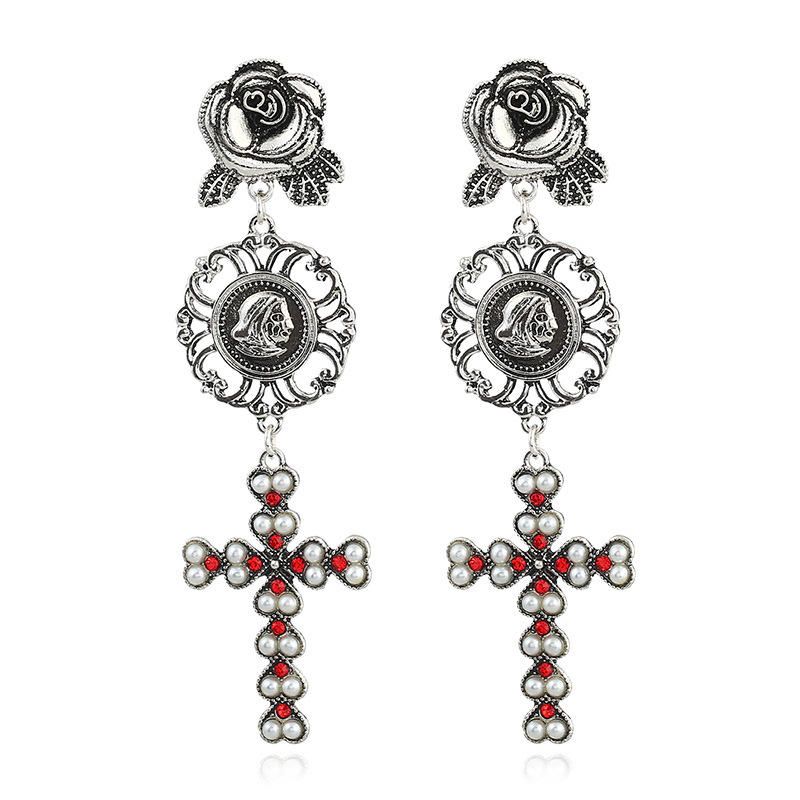 Pendientes Colgantes Largos Con Forma De Cruz De Flor Rosa Chapada En Oro Bohemio Para Mujer