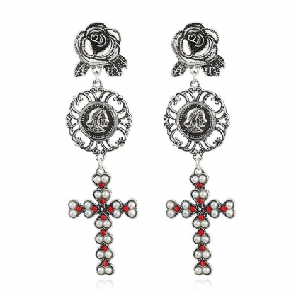 Pendientes Colgantes Largos Con Forma De Cruz De Flor Rosa Chapada En Oro Bohemio Para Mujer