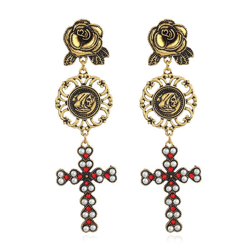 Pendientes Colgantes Largos Con Forma De Cruz De Flor Rosa Chapada En Oro Bohemio Para Mujer