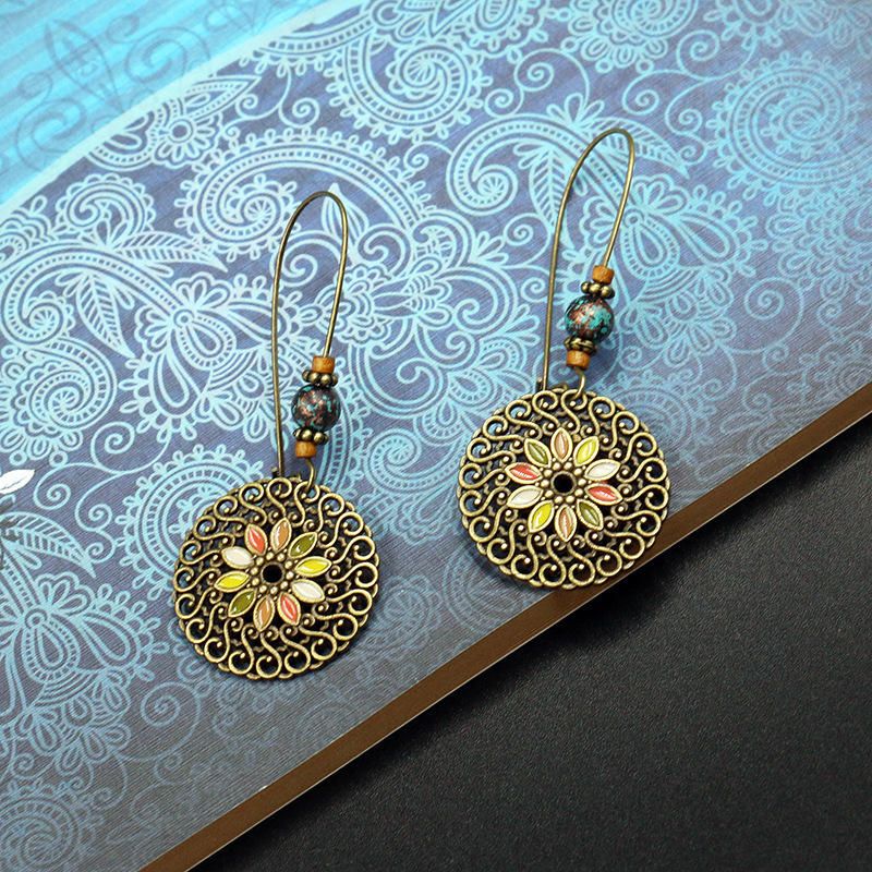 Pendientes Colgantes De Oro Vintage Con Flores Geométricas Étnicas Para Mujer