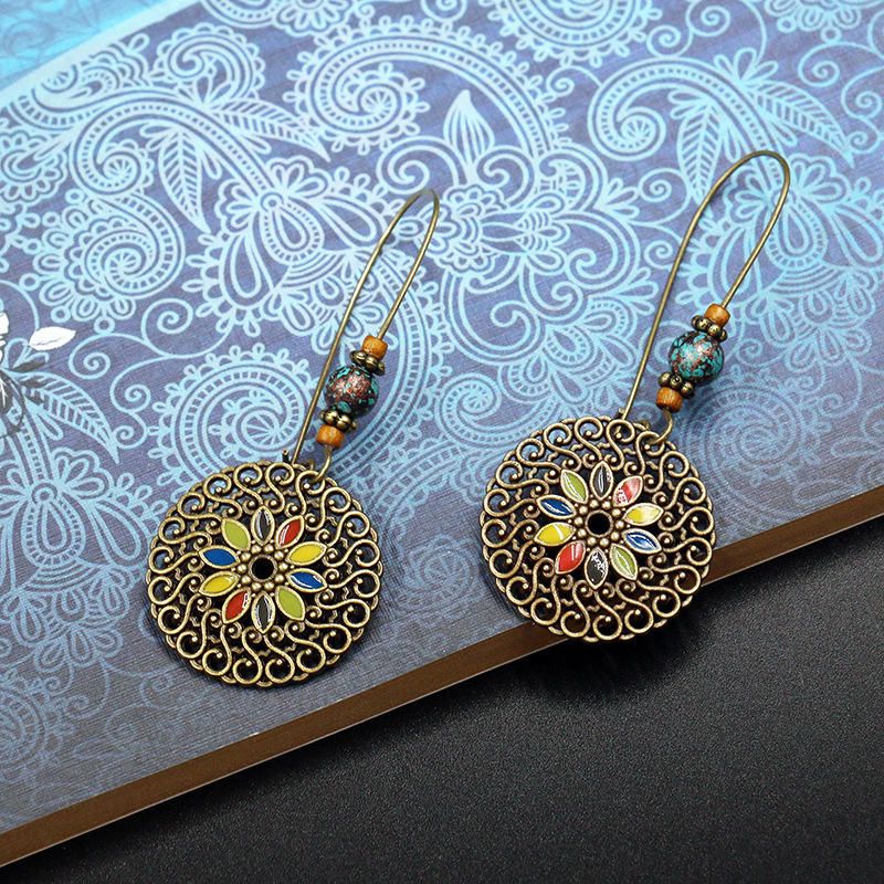 Pendientes Colgantes De Oro Vintage Con Flores Geométricas Étnicas Para Mujer