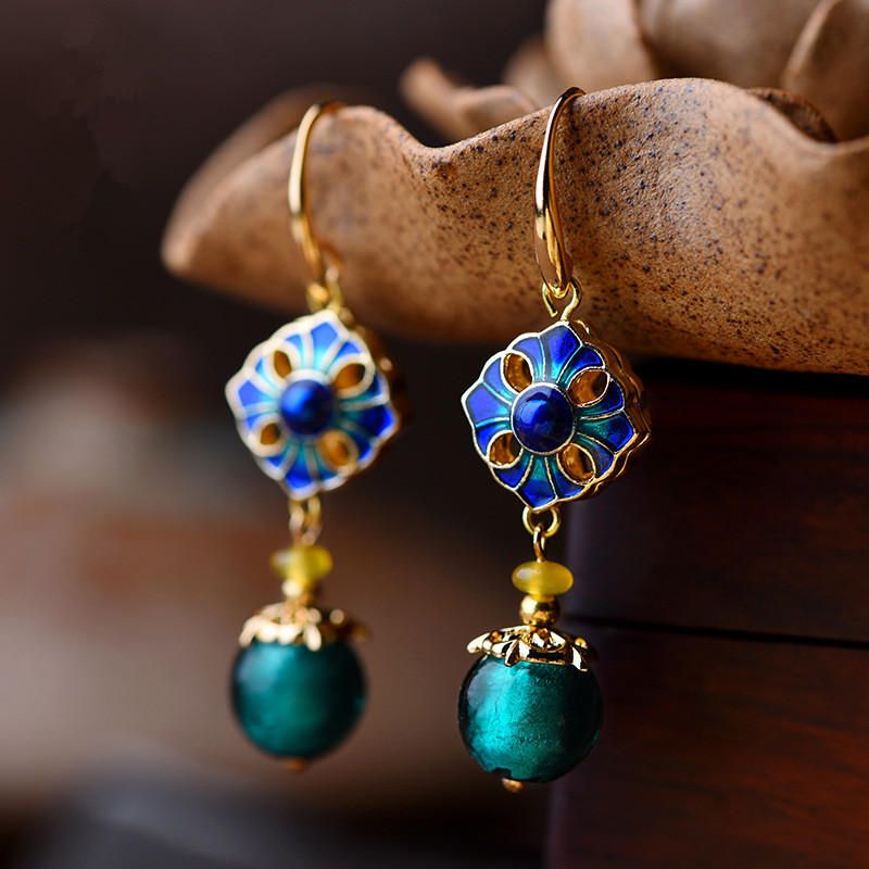 Pendientes Colgantes Retro De Lujo Cloisonne Flor Ágata Pendiente De Oro Hecho A Mano Para Mujeres Joyería Étnica