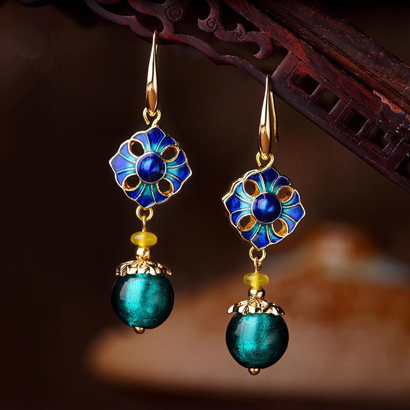 Pendientes Colgantes Retro De Lujo Cloisonne Flor Ágata Pendiente De Oro Hecho A Mano Para Mujeres Joyería Étnica