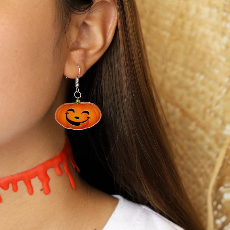 Pendientes Colgantes De Sonrisa De Calabaza De Moda Pendiente De Dibujos Animados De Resina De Halloween Estereoscópico 3d Divertido