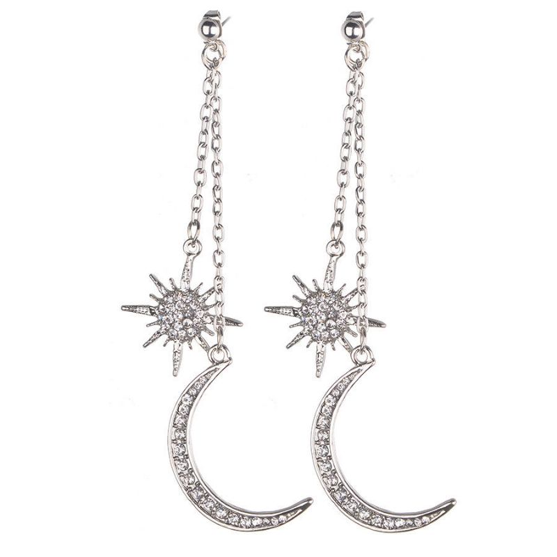 Pendientes De Diamantes De Imitación Completos De Estilo Bohemio Pendiente De Gota De Oreja Larga De Estrella De Luna Brillante Para Mujer