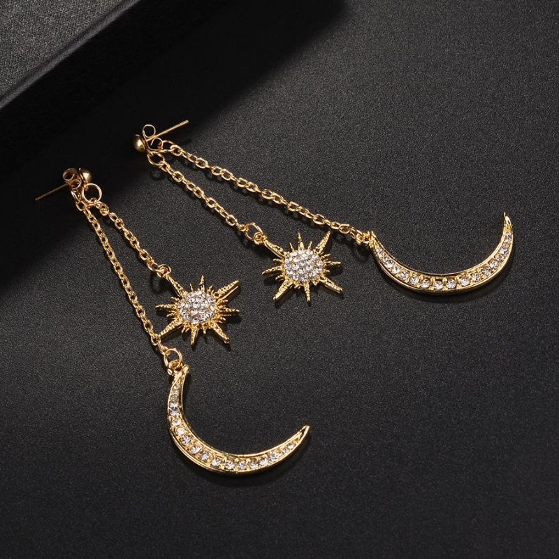 Pendientes De Diamantes De Imitación Completos De Estilo Bohemio Pendiente De Gota De Oreja Larga De Estrella De Luna Brillante Para Mujer