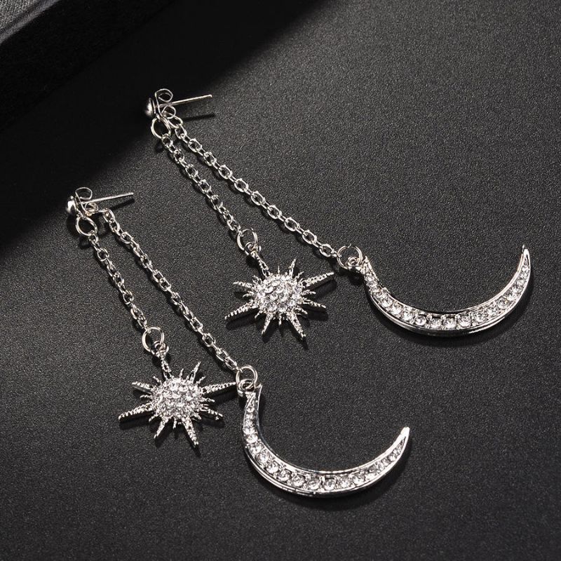 Pendientes De Diamantes De Imitación Completos De Estilo Bohemio Pendiente De Gota De Oreja Larga De Estrella De Luna Brillante Para Mujer