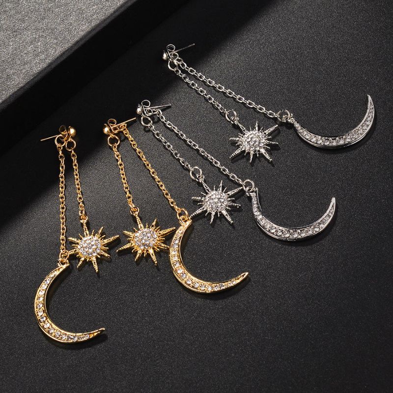 Pendientes De Diamantes De Imitación Completos De Estilo Bohemio Pendiente De Gota De Oreja Larga De Estrella De Luna Brillante Para Mujer