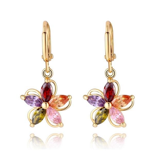 Pendientes De Flor De Cristal De Circonita Colorida Chapados En Oro Para Mujer