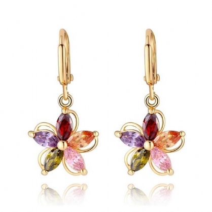 Pendientes De Flor De Cristal De Circonita Colorida Chapados En Oro Para Mujer