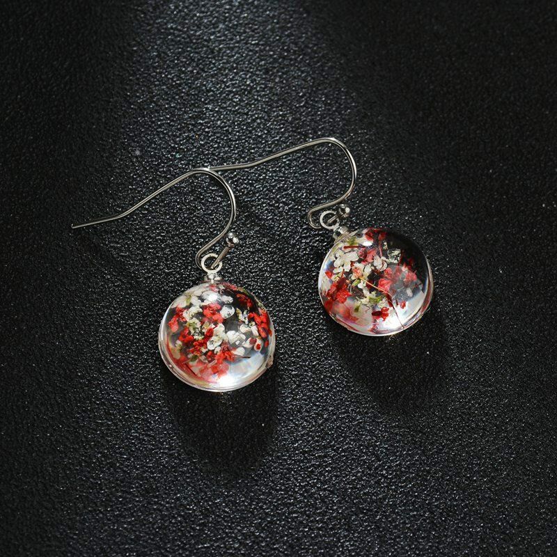 Pendientes De Flores Secas Naturales Hechos A Mano Vintage Pendientes Colgantes De Cristal Transparente Redondo Geométrico