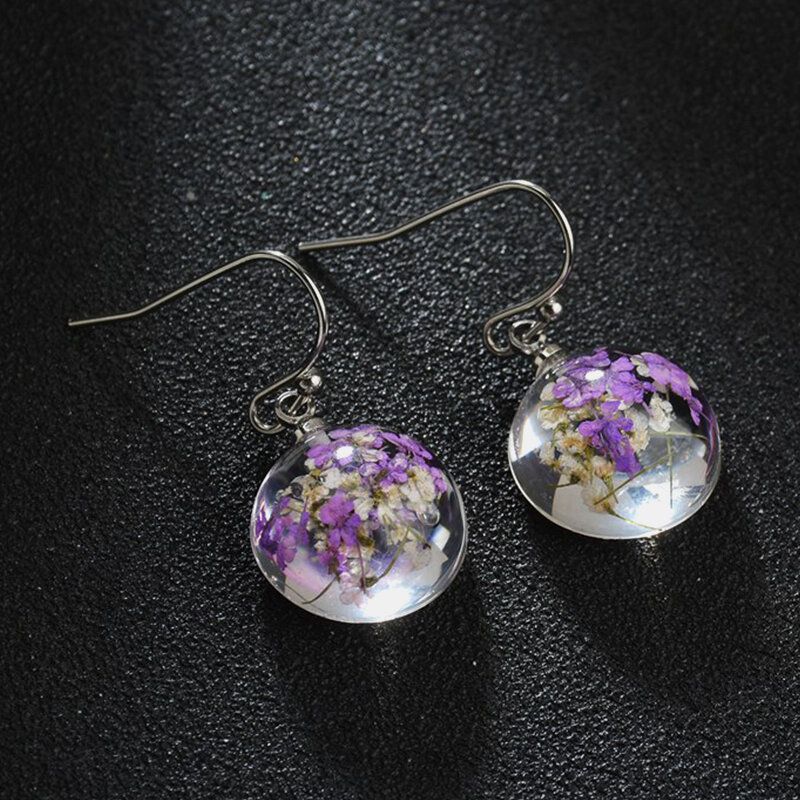 Pendientes De Flores Secas Naturales Hechos A Mano Vintage Pendientes Colgantes De Cristal Transparente Redondo Geométrico