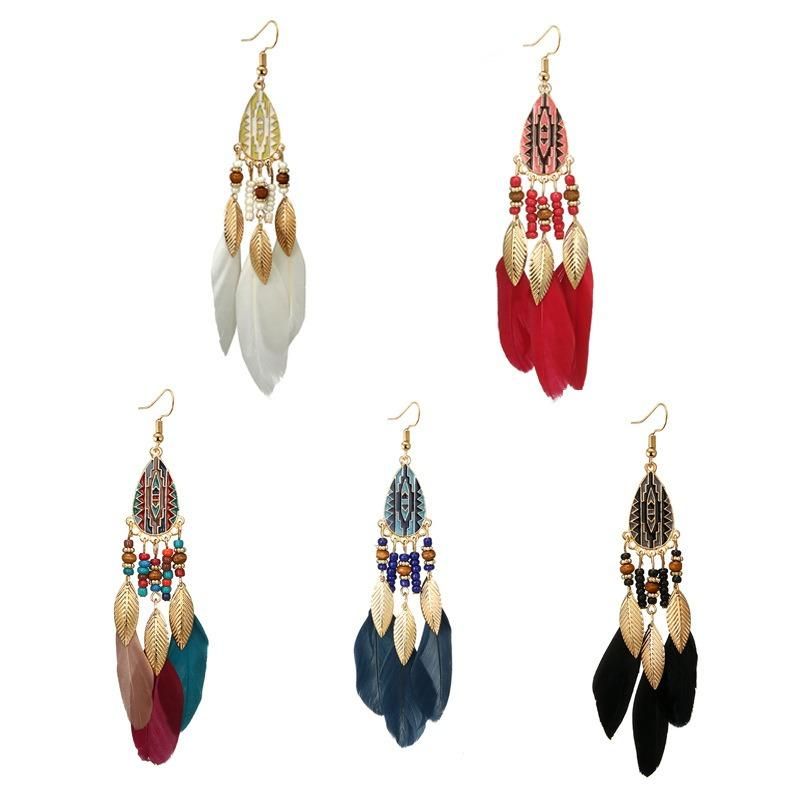 Pendientes De Gota De Plumas Bohemias Pendientes De Borlas De Estilo Largo Gota De Oreja Retro Para Mujer