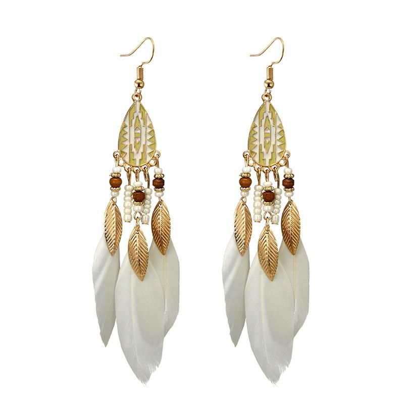 Pendientes De Gota De Plumas Bohemias Pendientes De Borlas De Estilo Largo Gota De Oreja Retro Para Mujer