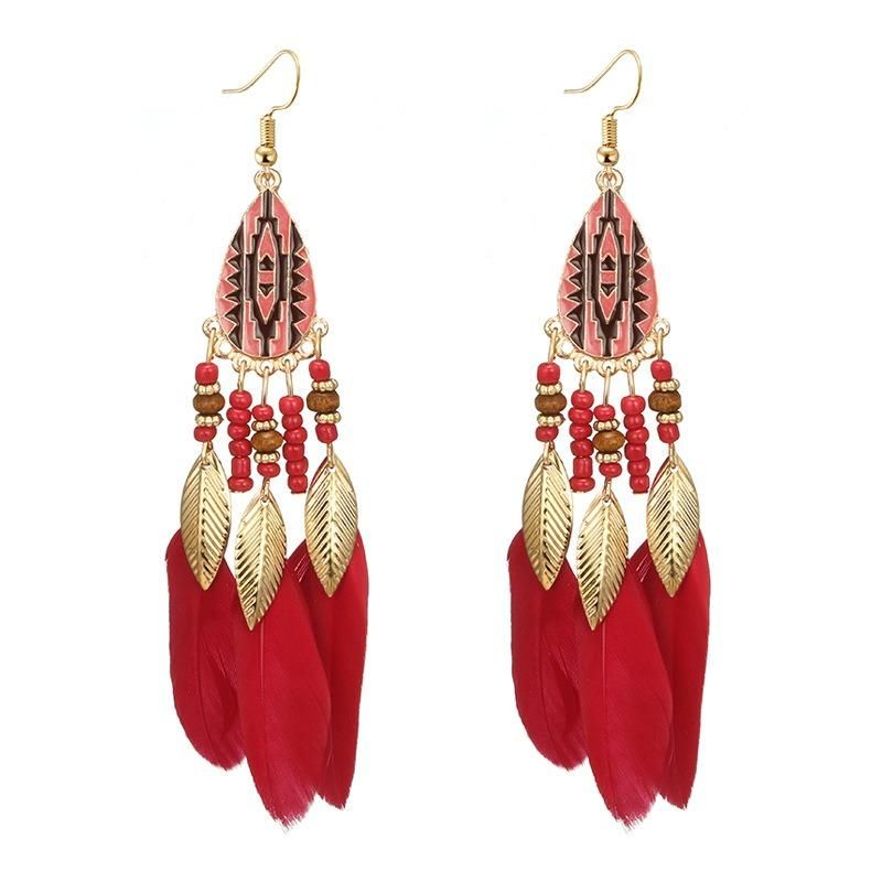 Pendientes De Gota De Plumas Bohemias Pendientes De Borlas De Estilo Largo Gota De Oreja Retro Para Mujer