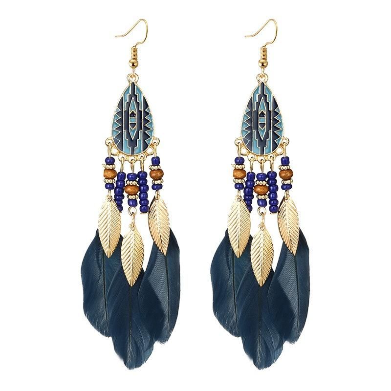 Pendientes De Gota De Plumas Bohemias Pendientes De Borlas De Estilo Largo Gota De Oreja Retro Para Mujer