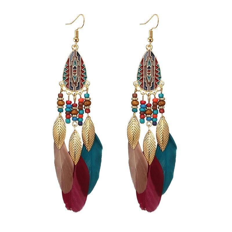 Pendientes De Gota De Plumas Bohemias Pendientes De Borlas De Estilo Largo Gota De Oreja Retro Para Mujer