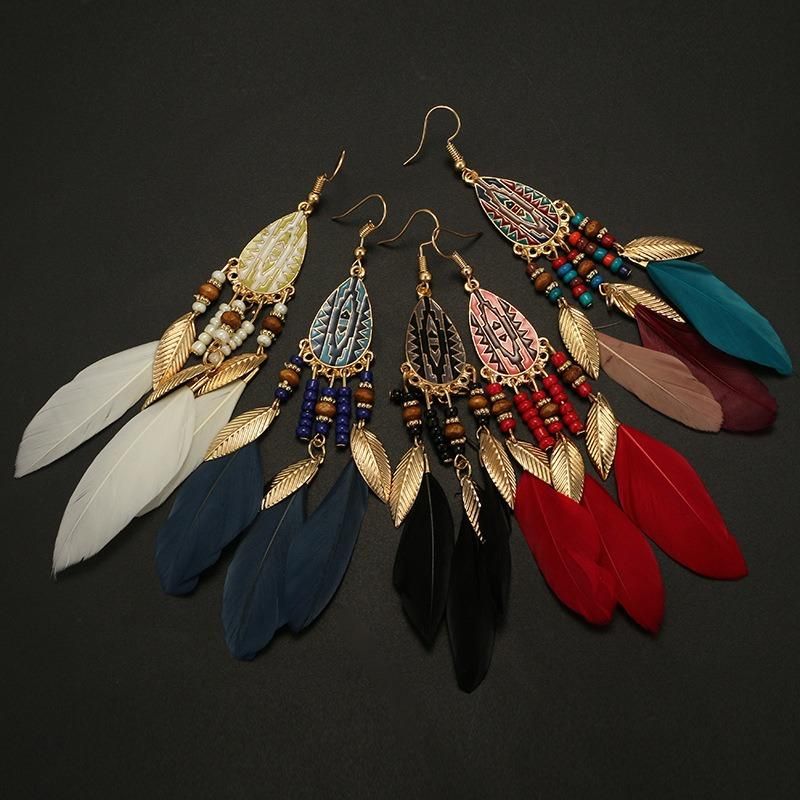 Pendientes De Gota De Plumas Bohemias Pendientes De Borlas De Estilo Largo Gota De Oreja Retro Para Mujer