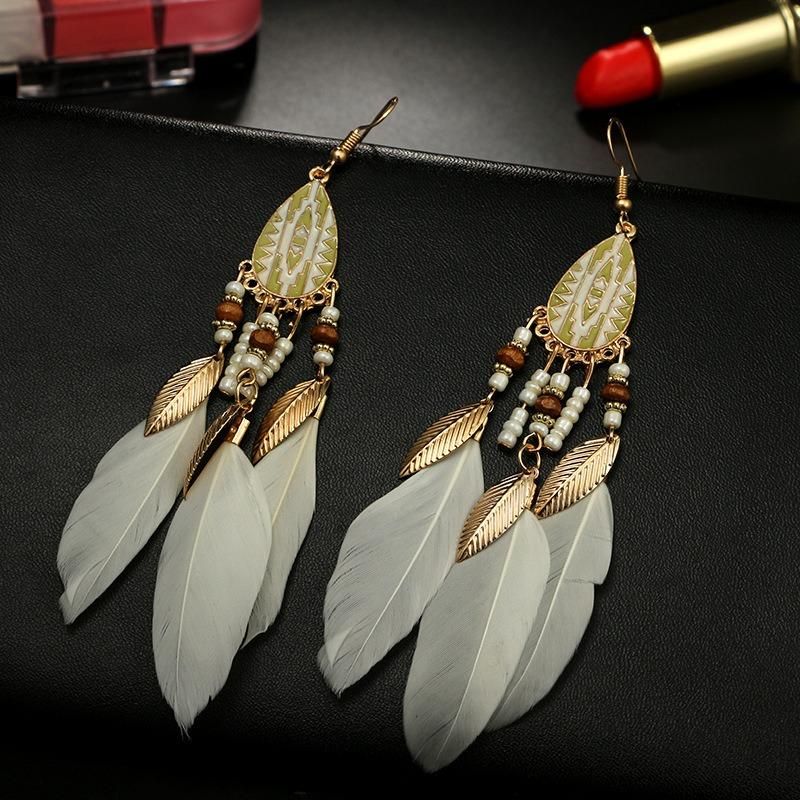 Pendientes De Gota De Plumas Bohemias Pendientes De Borlas De Estilo Largo Gota De Oreja Retro Para Mujer