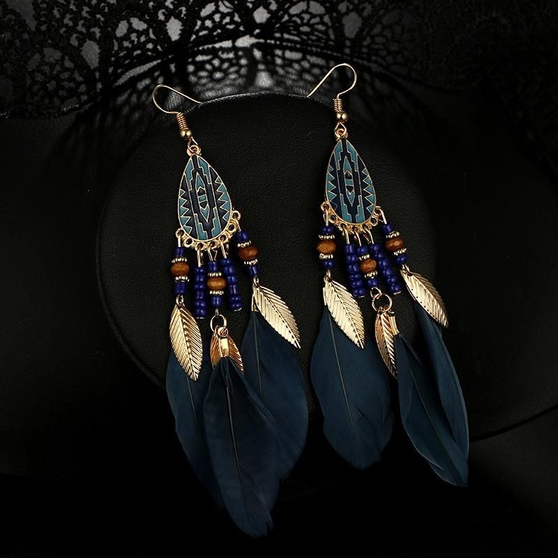 Pendientes De Gota De Plumas Bohemias Pendientes De Borlas De Estilo Largo Gota De Oreja Retro Para Mujer