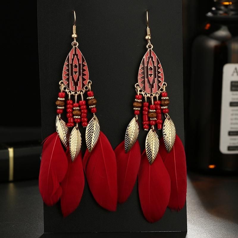 Pendientes De Gota De Plumas Bohemias Pendientes De Borlas De Estilo Largo Gota De Oreja Retro Para Mujer