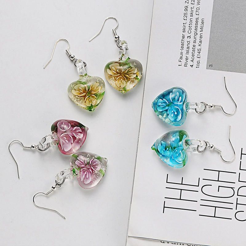 Pendientes De Joyería Étnicos Luminosos Creativos Bohemios Pendientes Colgantes De Corazón Con Patrón De Flores Para Mujeres