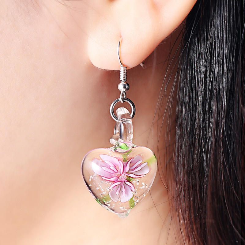 Pendientes De Joyería Étnicos Luminosos Creativos Bohemios Pendientes Colgantes De Corazón Con Patrón De Flores Para Mujeres