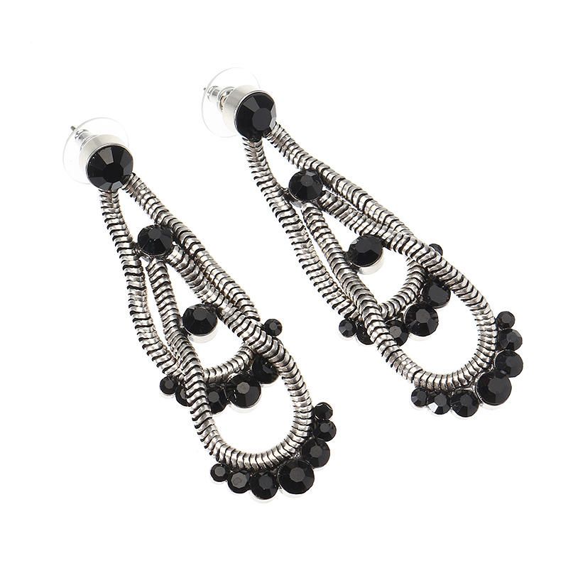 Pendientes De Mujer Steampunk Retro Chapado En Plata Antigua Pendiente De Doble Capa De Piedras Preciosas Negras