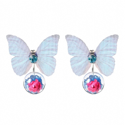 Pendientes De Tela De Mariposa Con Flor De Bola De Cristal De Moda Para Mujer