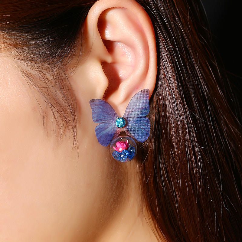 Pendientes De Tela De Mariposa Con Flor De Bola De Cristal De Moda Para Mujer