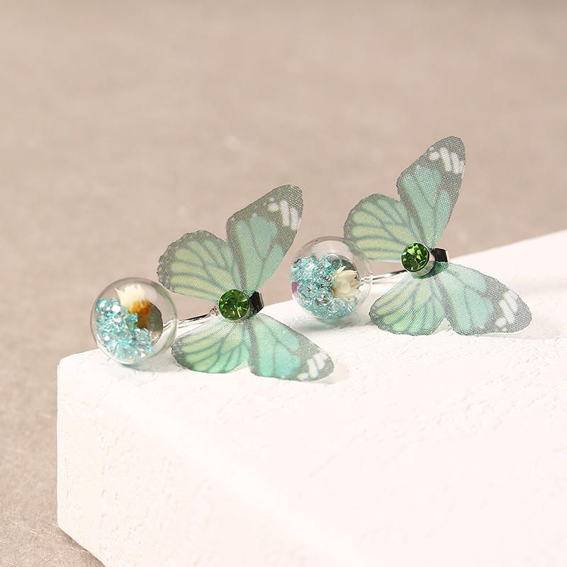 Pendientes De Tela De Mariposa Con Flor De Bola De Cristal De Moda Para Mujer