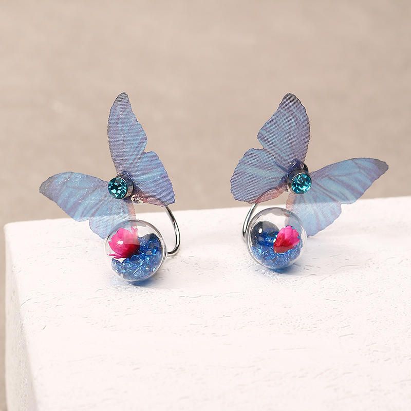 Pendientes De Tela De Mariposa Con Flor De Bola De Cristal De Moda Para Mujer