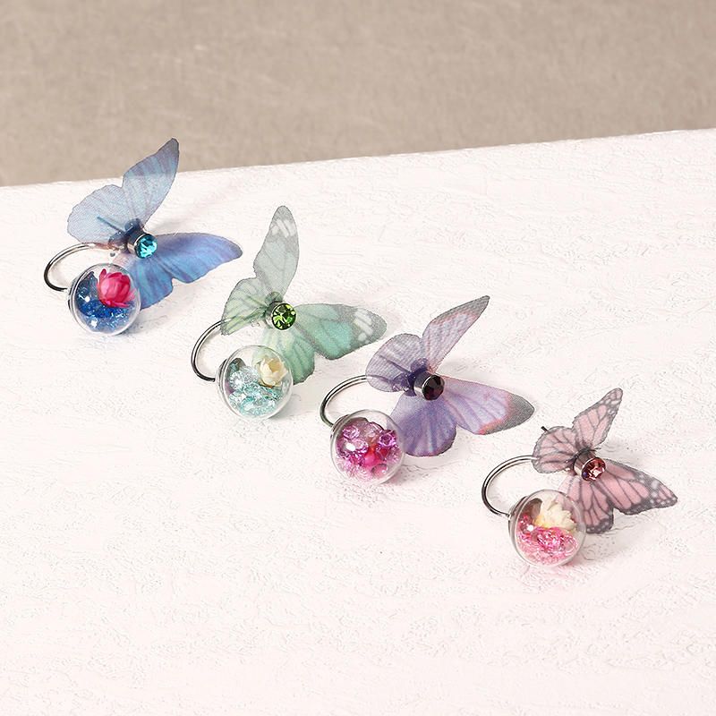 Pendientes De Tela De Mariposa Con Flor De Bola De Cristal De Moda Para Mujer