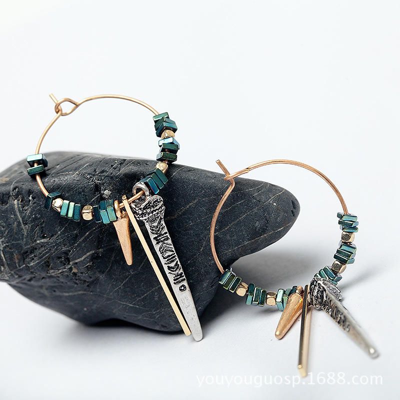 Pendientes De Textura De Mineral Verde Africano Pendiente De Gota De Oreja De Círculo Geométrico Para Mujer