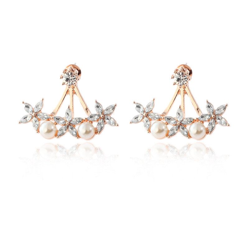 Sweet Flowers Rhinestones Perlas Ear Stud Earring Ear Jacket Pendientes Lindos Para Mujeres