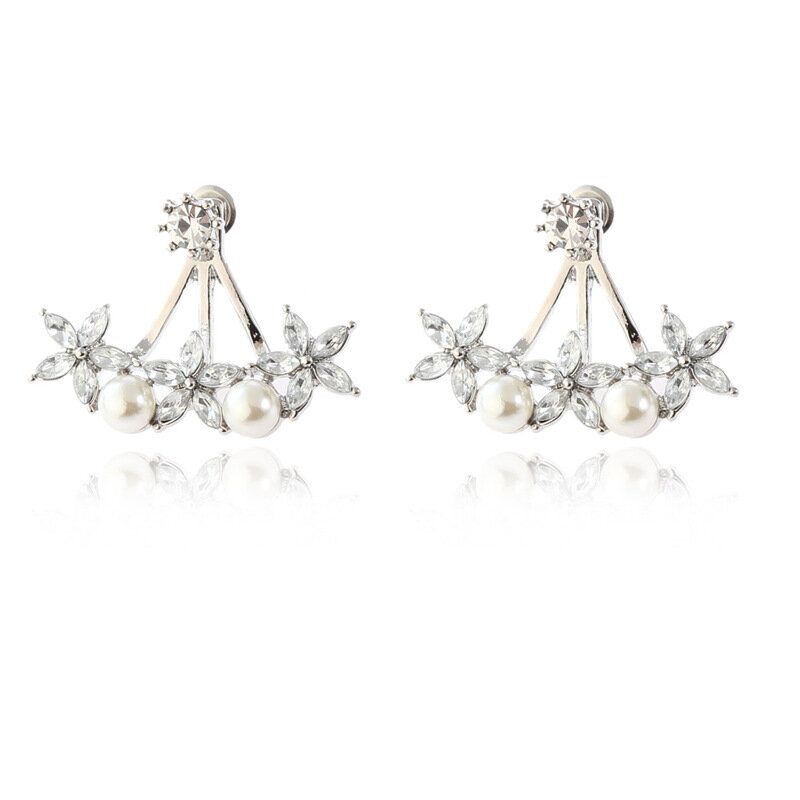 Sweet Flowers Rhinestones Perlas Ear Stud Earring Ear Jacket Pendientes Lindos Para Mujeres