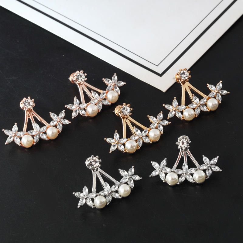 Sweet Flowers Rhinestones Perlas Ear Stud Earring Ear Jacket Pendientes Lindos Para Mujeres