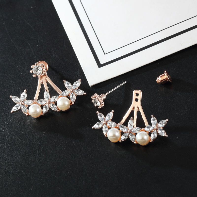 Sweet Flowers Rhinestones Perlas Ear Stud Earring Ear Jacket Pendientes Lindos Para Mujeres