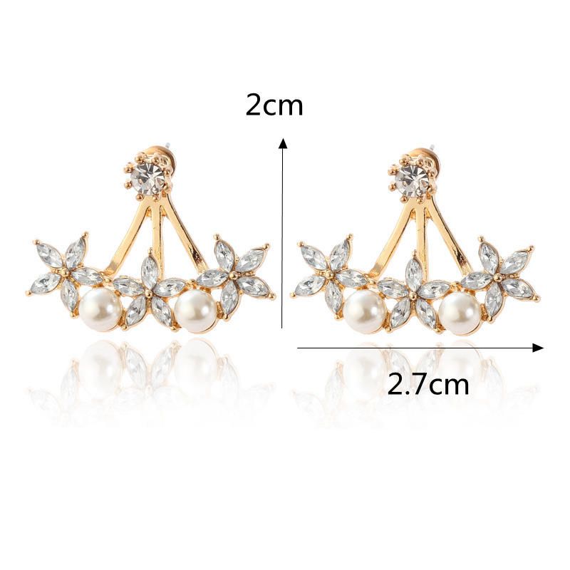 Sweet Flowers Rhinestones Perlas Ear Stud Earring Ear Jacket Pendientes Lindos Para Mujeres