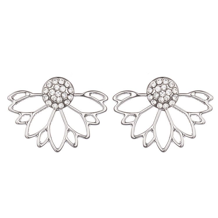 Trendy Rhinestone Earring Hollow Lotus Double Side Ear Stud Para Mujer